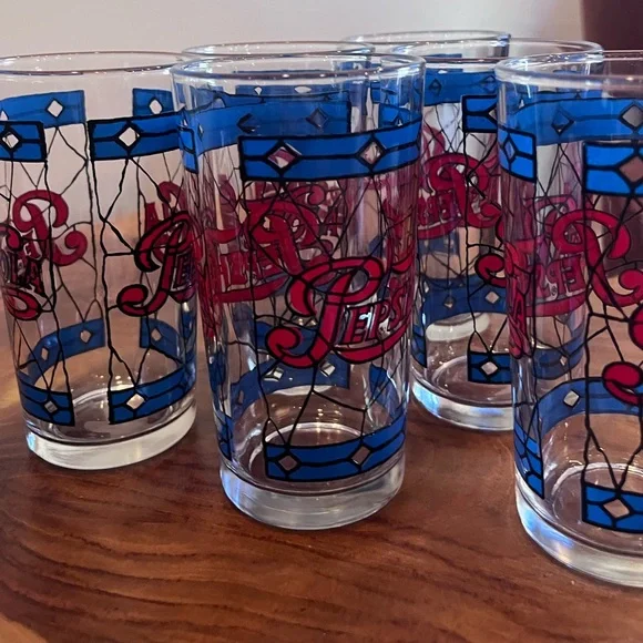 Vintage 1970s Pepsi-Cola Tiffany Stained Glass Inspired Glassware Set of 6 - Picture 8 of 9